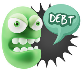 3d Rendering Angry Character Emoji saying Debt with Colorful Spe