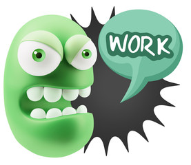 3d Rendering Angry Character Emoji saying Work with Colorful Spe
