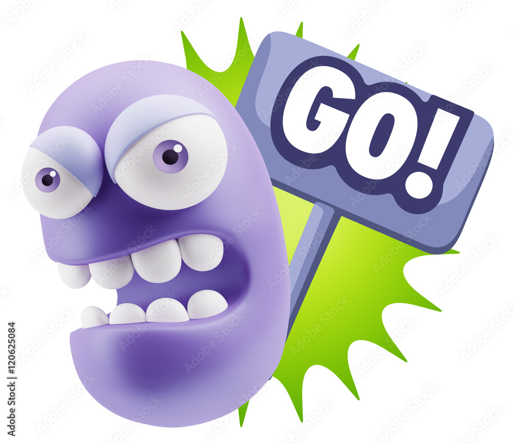Poster 3d rendering angry character emoji saying go with colorful speec