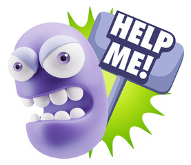 3d Rendering Angry Character Emoji saying Help me with Colorful