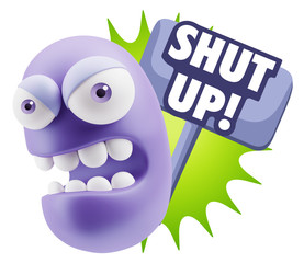 3d Rendering Angry Character Emoji saying Shut Up with Colorful
