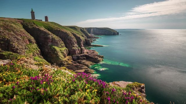 gorgeous summer sunset la manche bay lighthouse panorama 4k time lapse france
