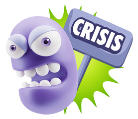 3d Rendering Angry Character Emoji saying Crisis with Colorful S