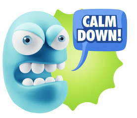3d Rendering Angry Character Emoji saying Calm Down with Colorfu