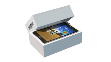 Modern mobile phone in the packaging - unboxing - 3D rendering