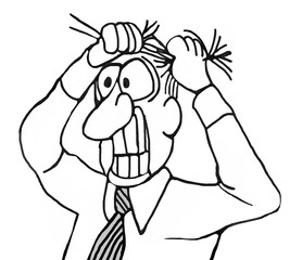 Close-up, b&w business illustration of irritated businessman pulling his hair out. 