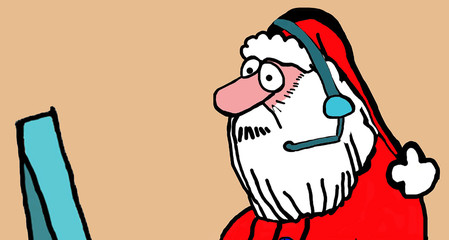 Close-up, color illustration of Santa Claus wearing a headset and working the customer service phones.