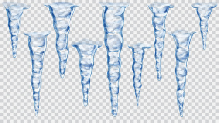 Set of translucent icicles on transparent background. Transparency only in vector file - obrazy, fototapety, plakaty