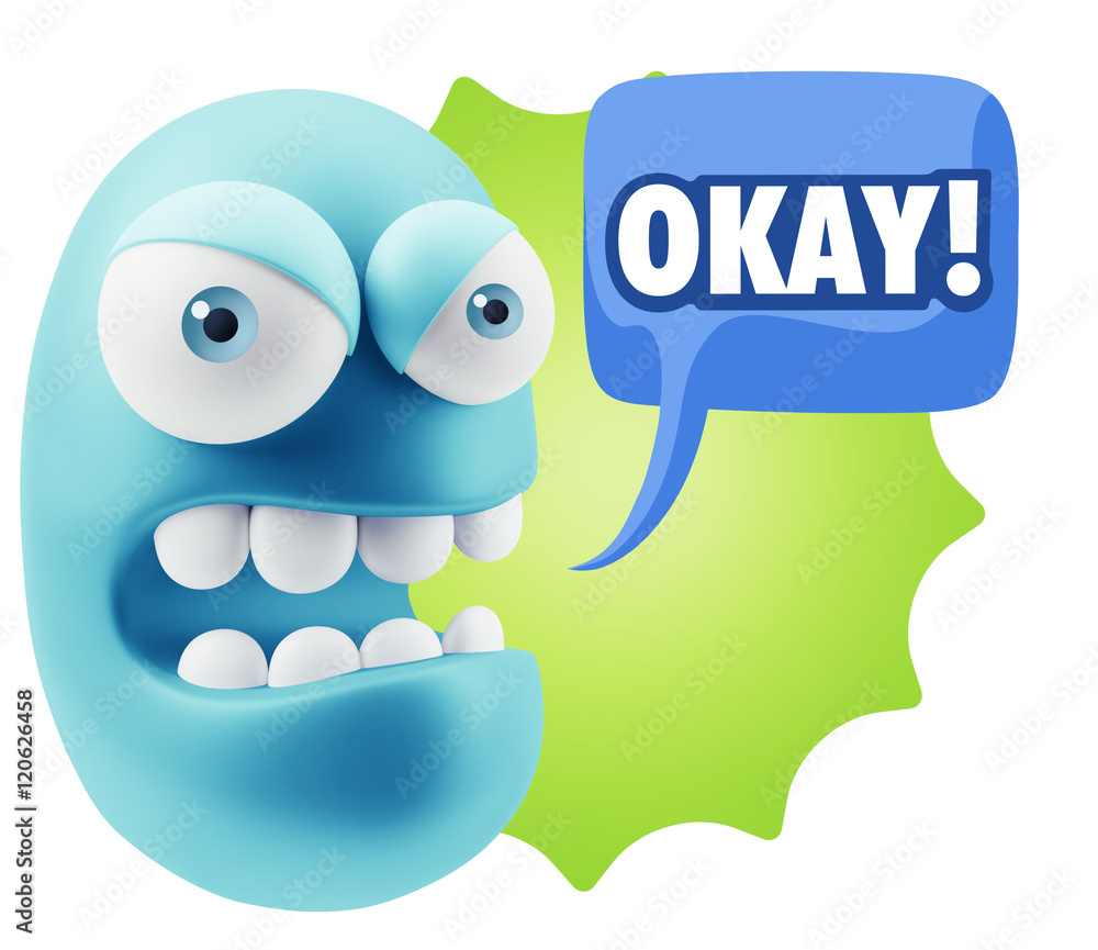 Poster 3d rendering angry character emoji saying okay with colorful spe