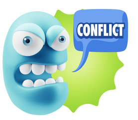 3d Rendering Angry Character Emoji saying Conflict with Colorful