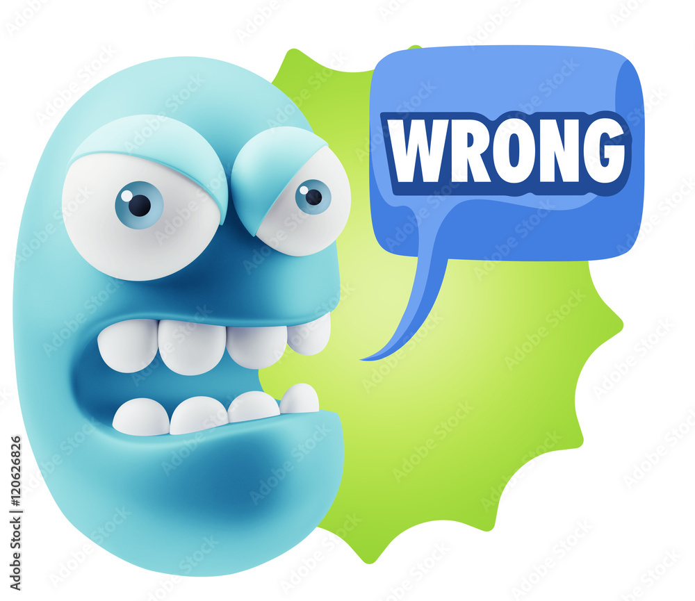 Poster 3d rendering angry character emoji saying wrong with colorful sp