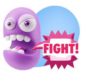 3d Rendering Angry Character Emoji saying Fight with Colorful Sp