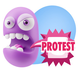 3d Rendering Angry Character Emoji saying Protest with Colorful