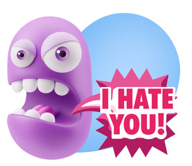 3d Rendering Angry Character Emoji saying I Hate you with Colorf