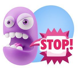3d Rendering Angry Character Emoji saying Stop with Colorful Spe