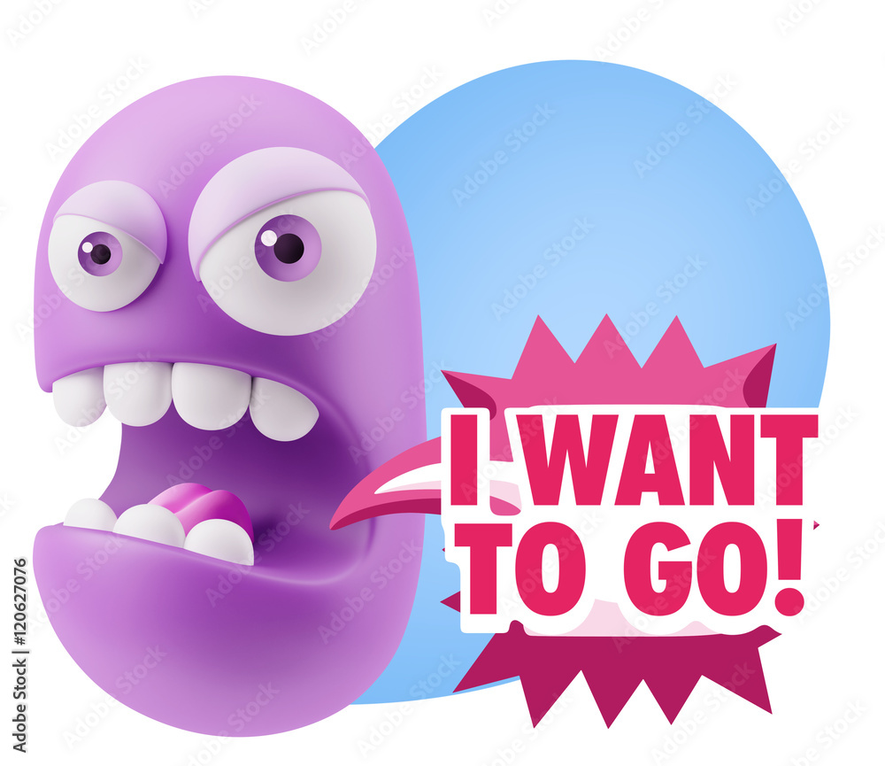 Poster 3d rendering angry character emoji saying i want to go with colo