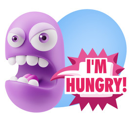 3d Rendering Angry Character Emoji saying I'm Hungry with Colorf