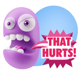 3d Rendering Angry Character Emoji saying That Hurts with Colorf
