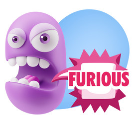 3d Rendering Angry Character Emoji saying Furious with Colorful