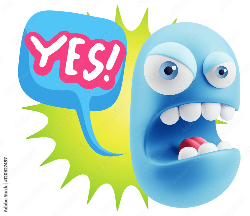 Poster 3d rendering angry character emoji saying yes with colorful spee