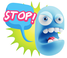 3d Rendering Angry Character Emoji saying Stop with Colorful Spe