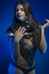 girl with iron armor and metal skull, sensual dark and dangerous