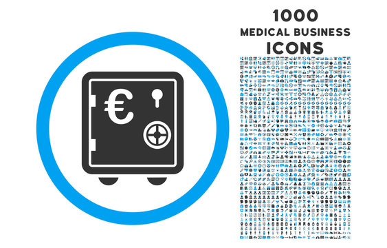 Euro Safe Rounded Vector Bicolor Icon With 1000 Medical Business Icons. Set Style Is Flat Pictograms, Blue And Gray Colors, White Background.