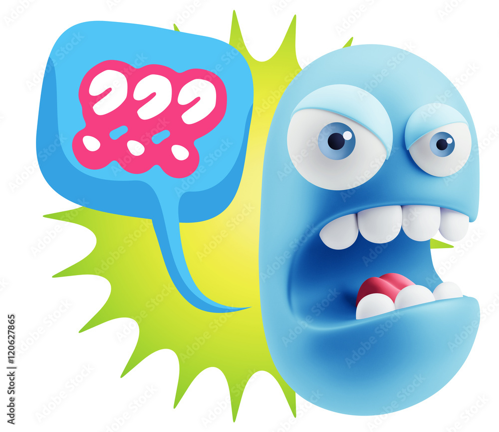 Poster 3d rendering angry character emoji saying ??? with colorful spee