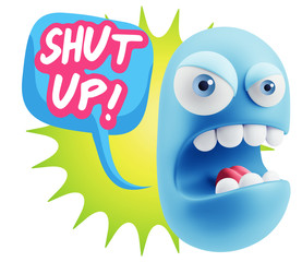 3d Rendering Angry Character Emoji saying Shut Up with Colorful
