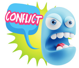 3d Rendering Angry Character Emoji saying Conflict with Colorful