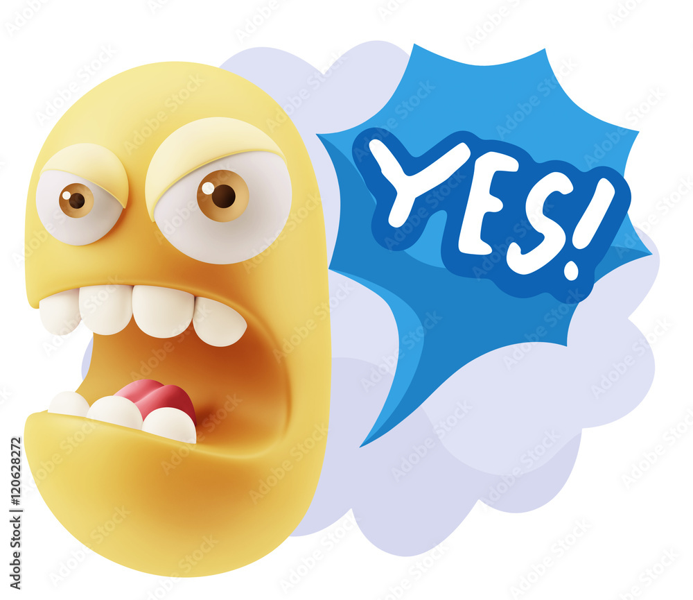 Poster 3d rendering angry character emoji saying yes with colorful spee