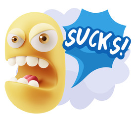 3d Rendering Angry Character Emoji saying Sucks with Colorful Sp