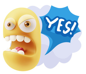3d Rendering Angry Character Emoji saying Yes with Colorful Spee