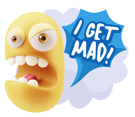 3d Rendering Angry Character Emoji saying I Get Mad with Colorfu