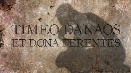 Timeo Danaos et dona ferentes. A Latin phrase meaning "I fear the Greeks, even those bearing gifts.