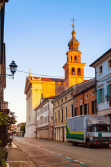 Cathedral in a beautiful cozy small Italian town Cittadella at sunrise. Italy
