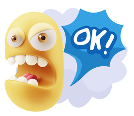 3d Rendering Angry Character Emoji saying OK with Colorful Speec