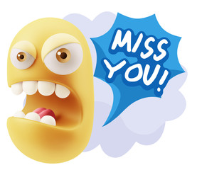 3d Rendering Angry Character Emoji saying Miss You with Colorful