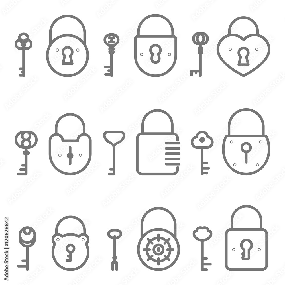 Poster lock keyhole and keys line art vector icons set