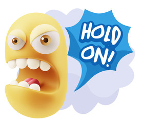 3d Rendering Angry Character Emoji saying Hold On with Colorful