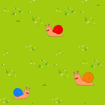 Seamless background pattern of snails on grass