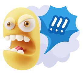 3d Rendering Angry Character Emoji saying !!! with Colorful Spee
