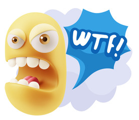 3d Rendering Angry Character Emoji saying WTF with Colorful Spee