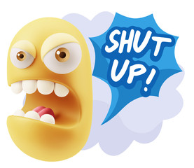 3d Rendering Angry Character Emoji saying Shut Up with Colorful