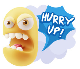 3d Rendering Angry Character Emoji saying Hurry Up with Colorful