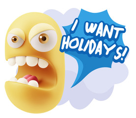 Obraz premium 3d Rendering Angry Character Emoji saying I Want Holidays with C