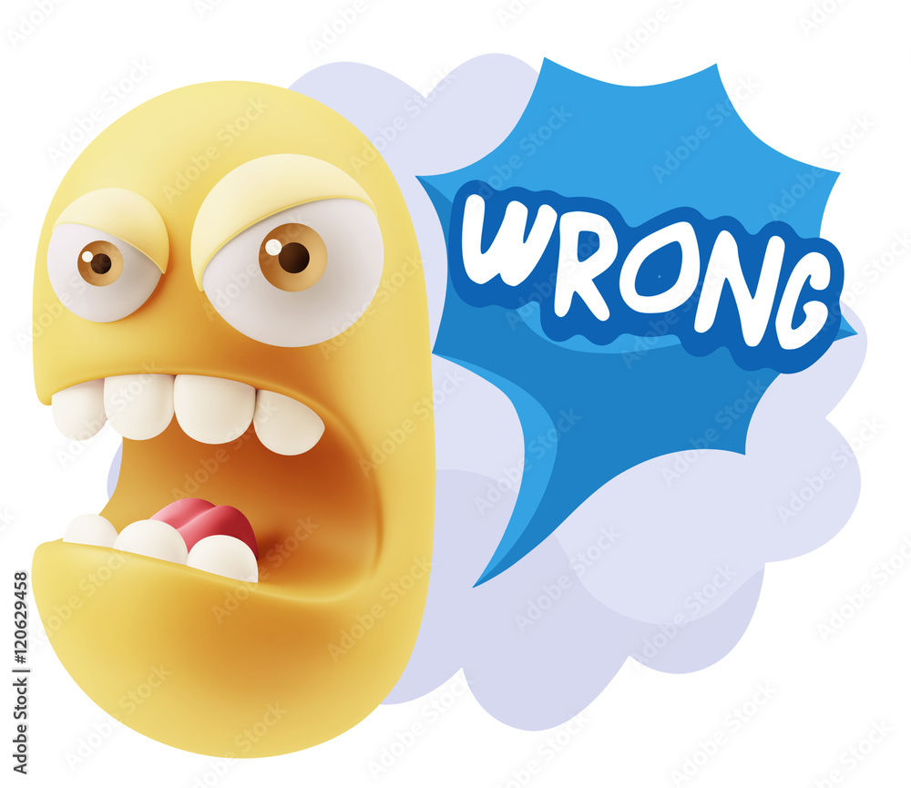Poster 3d rendering angry character emoji saying wrong with colorful sp