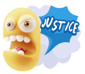 3d Rendering Angry Character Emoji saying Justice with Colorful