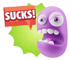 3d Rendering Angry Character Emoji saying Sucks with Colorful Sp