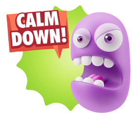 3d Rendering Angry Character Emoji saying Calm Down with Colorfu